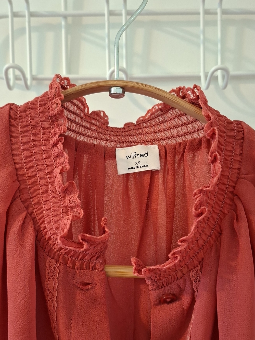 Wilfred Sheer Flowy "Tilda" Coral Ruffle-Trim Button Front Blouse (Size XS) - Picture 8 of 10